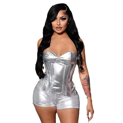 Metallic Faux Leather Two-Piece Shorts Set with Strapless Corset