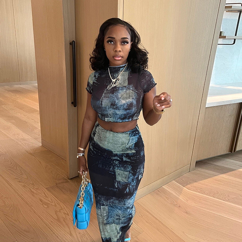 Abstract Print Bodycon Skirt Set with Mock Neck and Crop Top