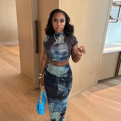 Abstract Print Bodycon Skirt Set with Mock Neck and Crop Top