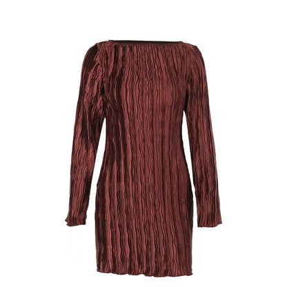 Elegant Slim Fit Long Sleeve Pleated Dress Textured Fabric