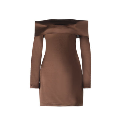 Bodycon Satin Mini Dress with Off-the-Shoulder Long Sleeves