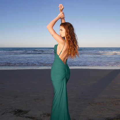 Bodycon Maxi Dress with Pleated Hip and Backless Detail