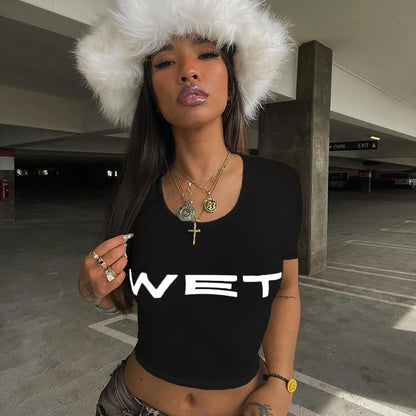 Slim Fit Graphic Print Cropped Tee with Round Neck