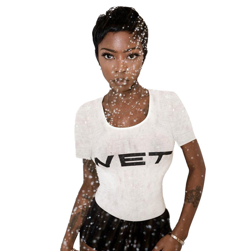 Slim Fit Graphic Print Cropped Tee with Round Neck