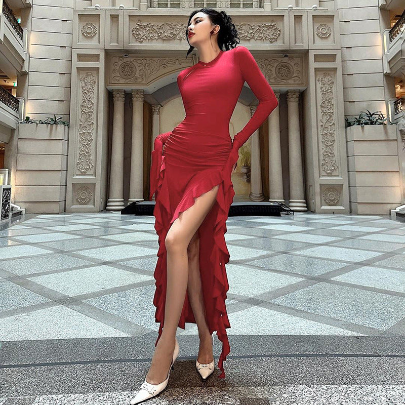 Slim Fit Long Sleeve Split Dress Elegant Flounce