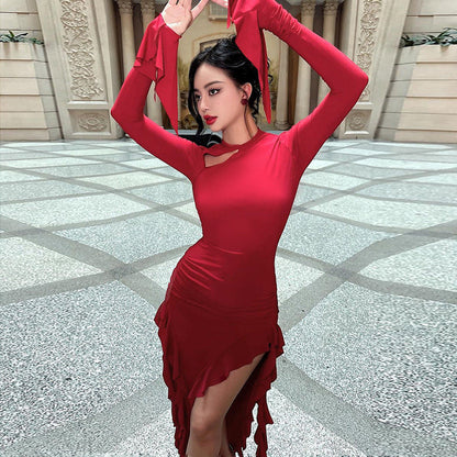 Slim Fit Long Sleeve Split Dress Elegant Flounce