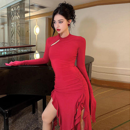 Slim Fit Long Sleeve Split Dress Elegant Flounce