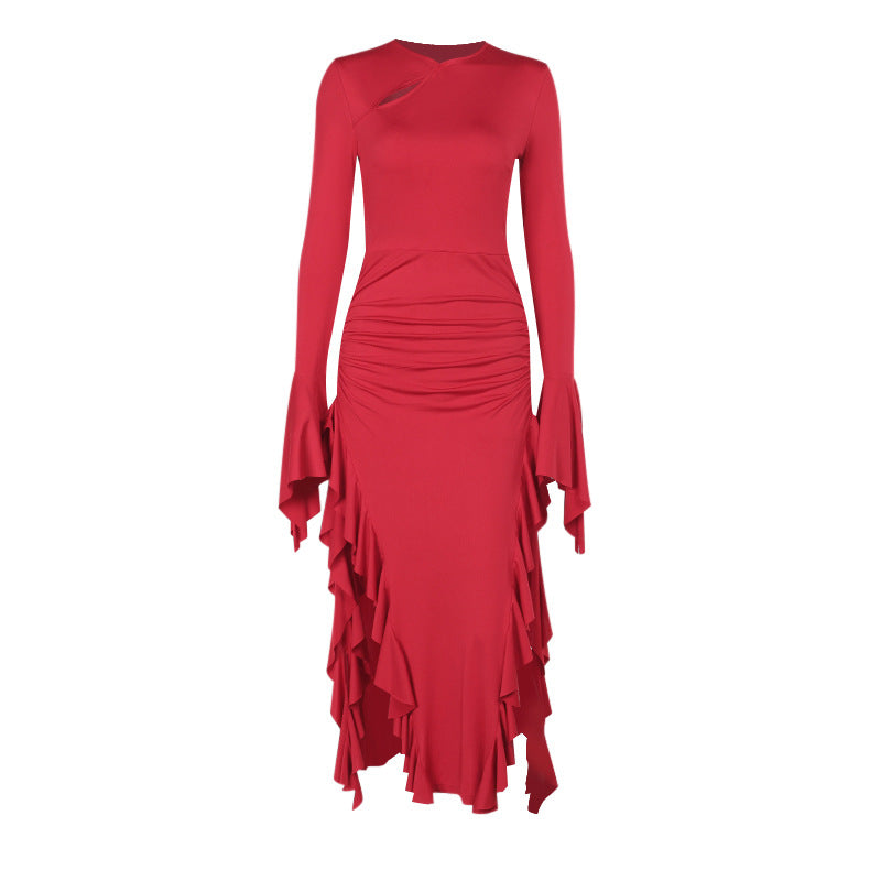 Slim Fit Long Sleeve Split Dress Elegant Flounce