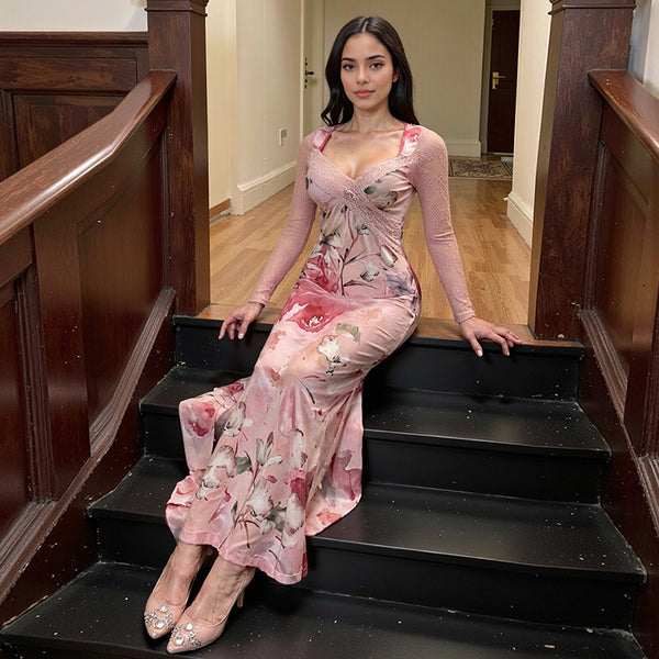 Floral Sheath Maxi Dress with Lace Splicing and Long Sleeves