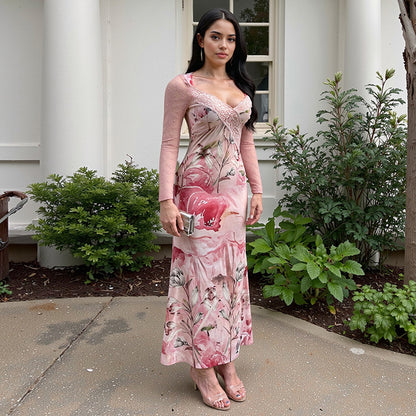 Floral Sheath Maxi Dress with Lace Splicing and Long Sleeves