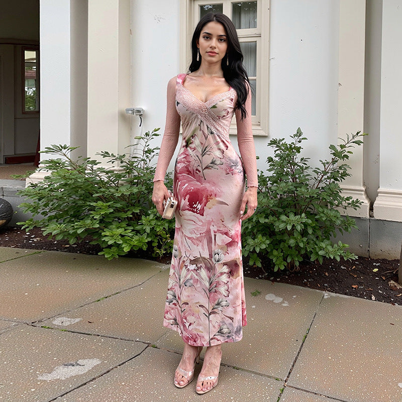 Floral Sheath Maxi Dress with Lace Splicing and Long Sleeves