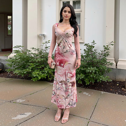 Floral Sheath Maxi Dress with Lace Splicing and Long Sleeves