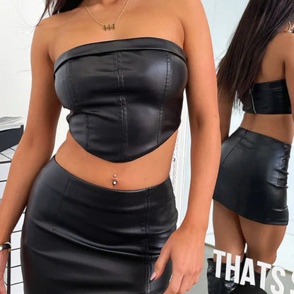 Faux Leather Two-Piece Set with Strapless Top and Slit Mini Skirt