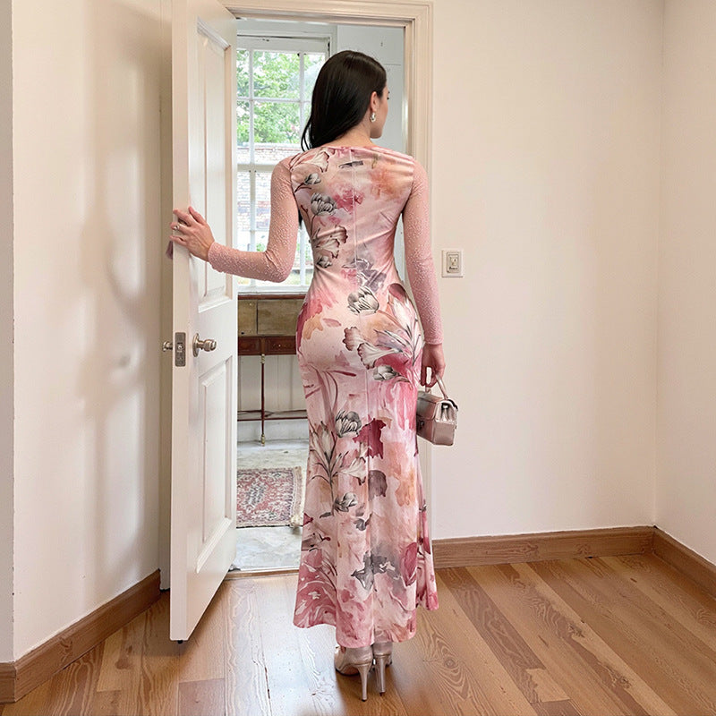Floral Sheath Maxi Dress with Lace Splicing and Long Sleeves