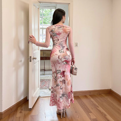 Floral Sheath Maxi Dress with Lace Splicing and Long Sleeves