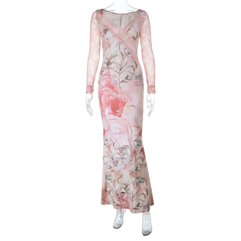 Floral Sheath Maxi Dress with Lace Splicing and Long Sleeves
