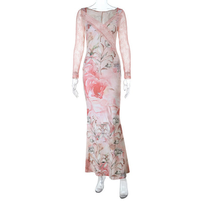 Floral Sheath Maxi Dress with Lace Splicing and Long Sleeves