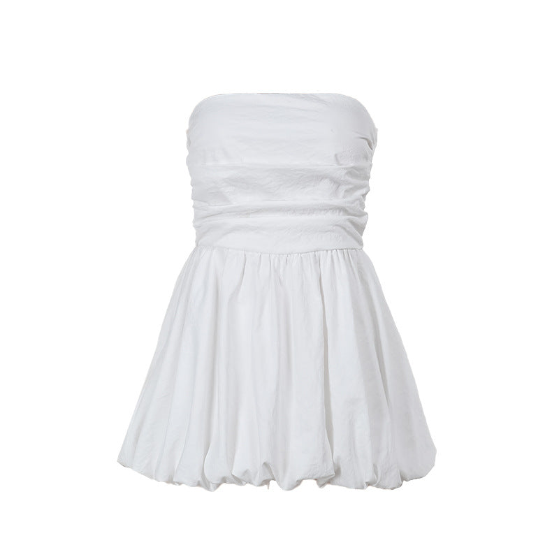 Elegant Slim Tube-Length A-Hem Pleated Dress Black
