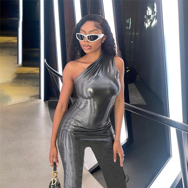 Metallic One-Shoulder Bodycon Jumpsuit with High Waist