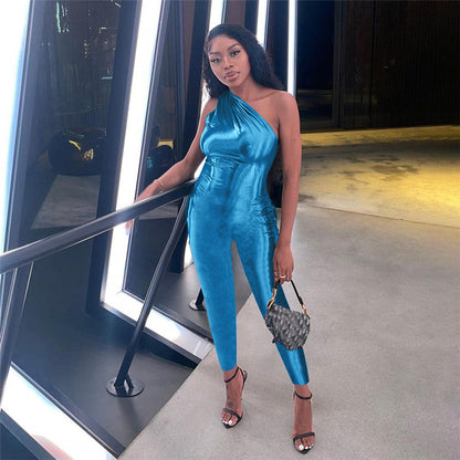 Metallic One-Shoulder Bodycon Jumpsuit with High Waist