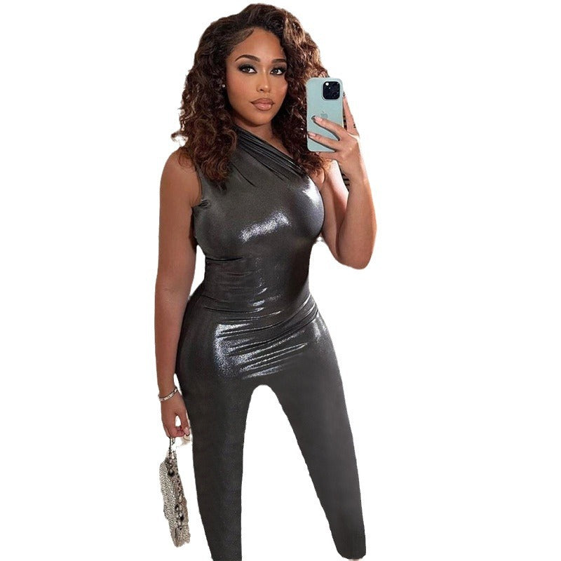 Metallic One-Shoulder Bodycon Jumpsuit with High Waist