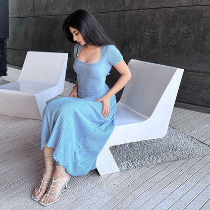 Short-Sleeve A-Line Midi Dress with Square Neck and Slit