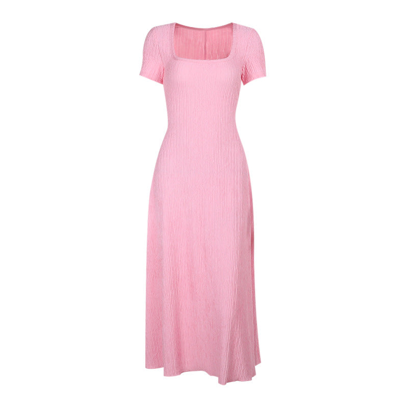 Short-Sleeve A-Line Midi Dress with Square Neck and Slit