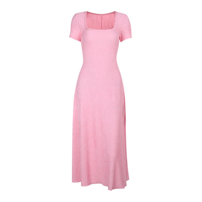 Short-Sleeve A-Line Midi Dress with Square Neck and Slit