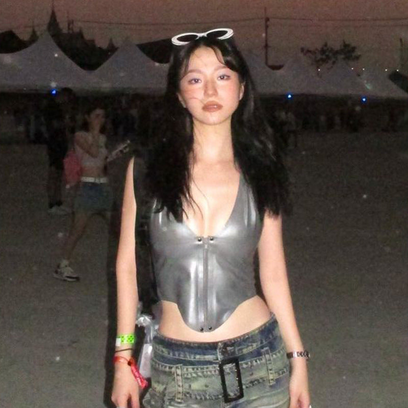 Slim Fit Metallic Halter Top with Zipper Front and Pointed Hem