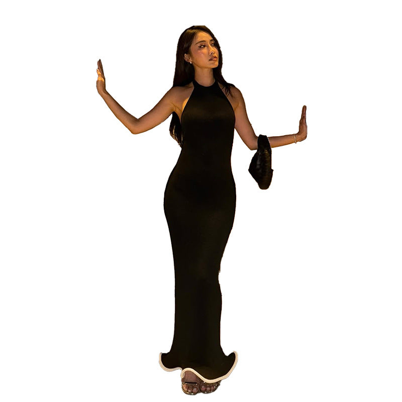 High Waist Sleeveless Long Skirt Solid Color Polyester