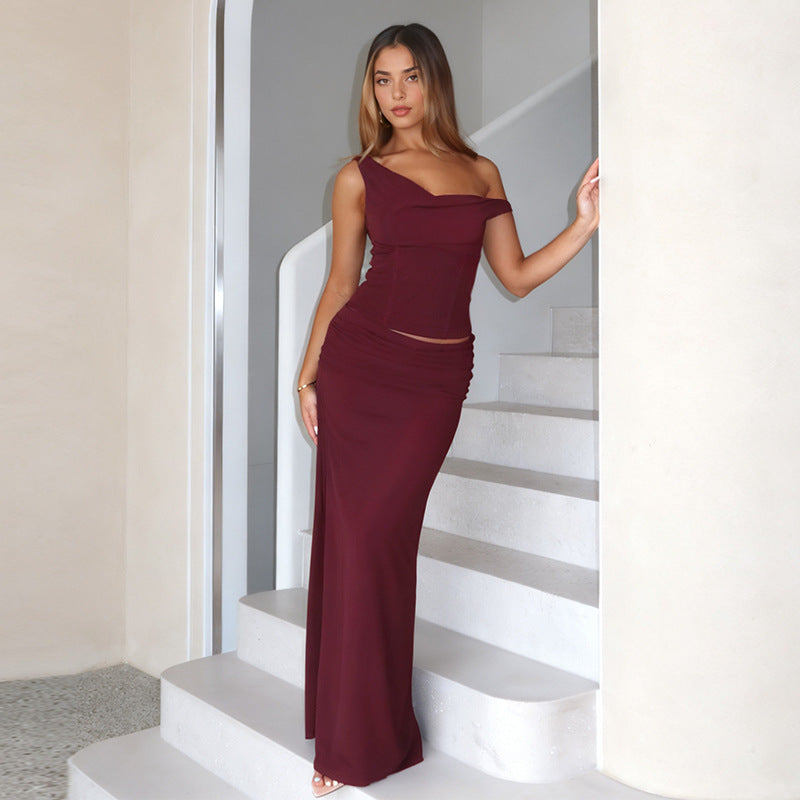 Asymmetric Corset Top and Ruched Maxi Skirt Set