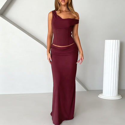 Asymmetric Corset Top and Ruched Maxi Skirt Set