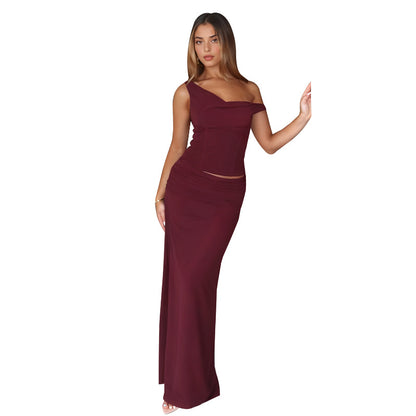 Asymmetric Corset Top and Ruched Maxi Skirt Set