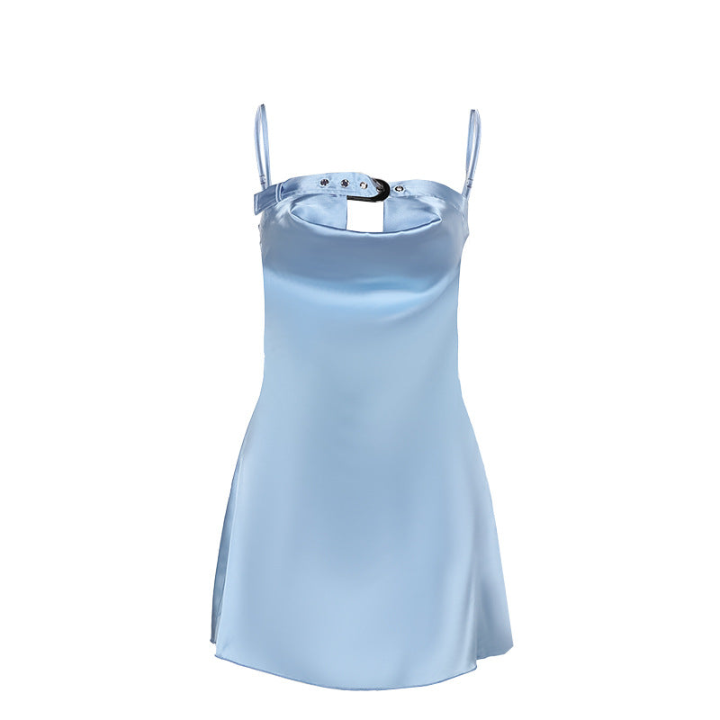 Satin Bodycon Mini Dress with Buckle Detail and Cowl Neck