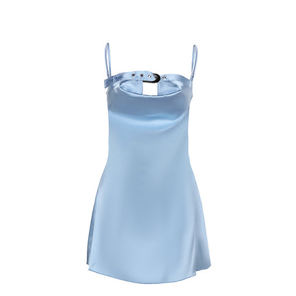 Satin Bodycon Mini Dress with Buckle Detail and Cowl Neck