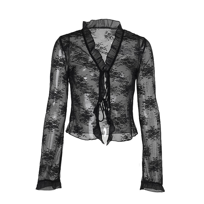 Sexy Lace Strap Cardigan Top Black
