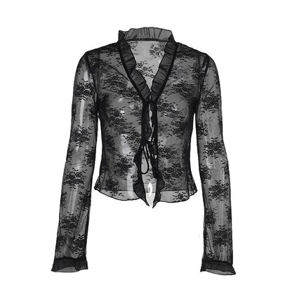 Sexy Lace Strap Cardigan Top Black