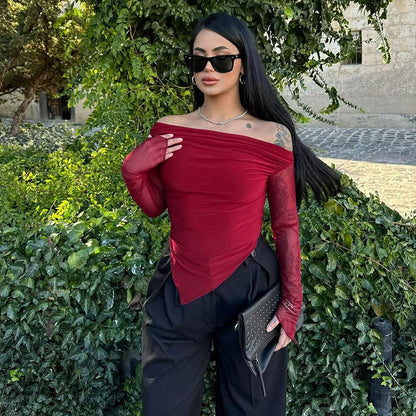 Elegant Slim Fit Long Sleeve Top With Mesh Sleeves Black