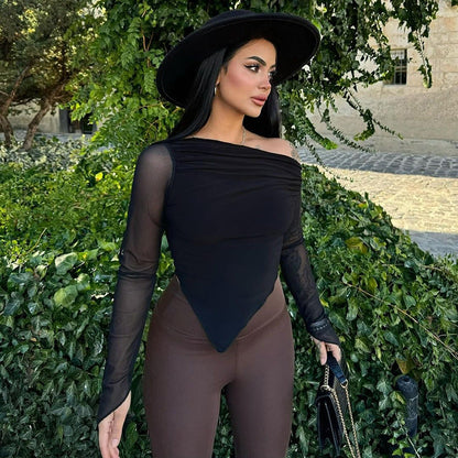 Elegant Slim Fit Long Sleeve Top With Mesh Sleeves Black
