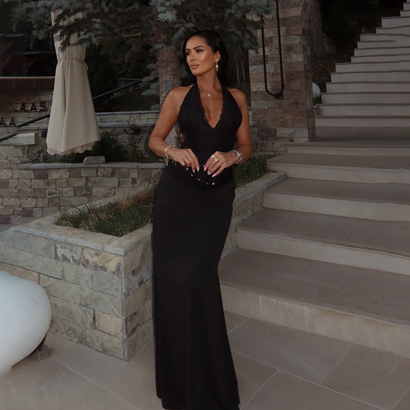 Bodycon Maxi Dress with Lace Halterneck and Deep V-Neck