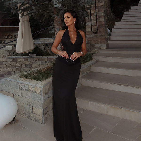 Bodycon Maxi Dress with Lace Halterneck and Deep V-Neck