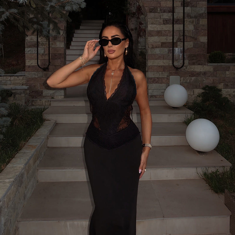 Bodycon Maxi Dress with Lace Halterneck and Deep V-Neck