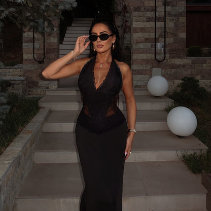 Bodycon Maxi Dress with Lace Halterneck and Deep V-Neck