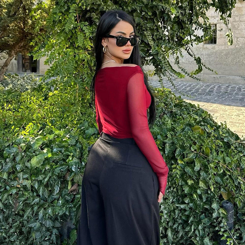 Elegant Slim Fit Long Sleeve Top With Mesh Sleeves Black