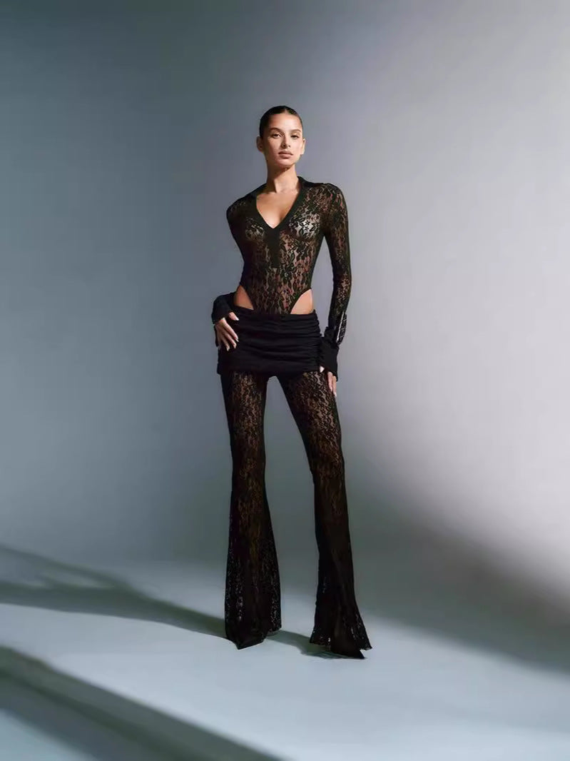 Sheer Lace Two-Piece Set with Flared Trousers and V-Neck Top