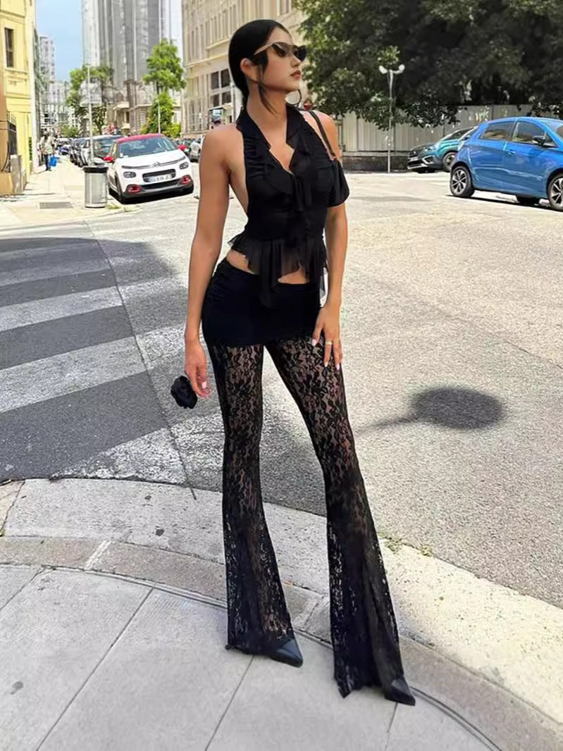 Sheer Lace Two-Piece Set with Flared Trousers and V-Neck Top
