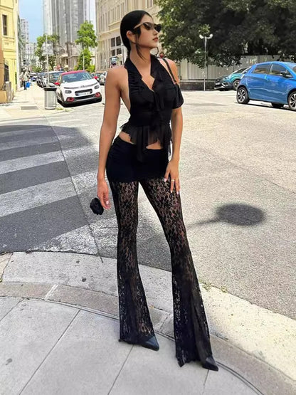 Sheer Lace Two-Piece Set with Flared Trousers and V-Neck Top
