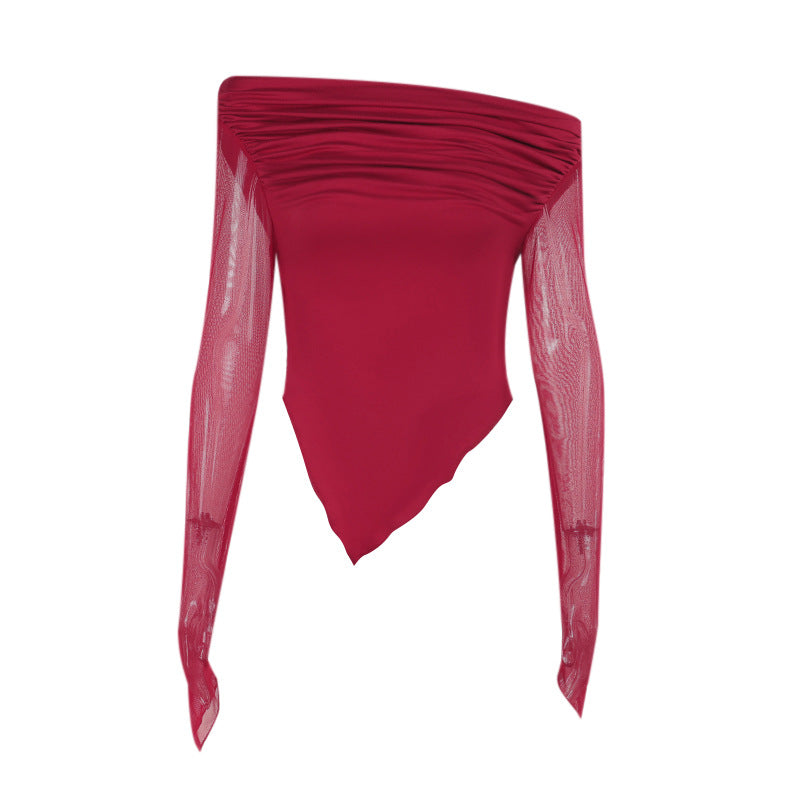 Elegant Slim Fit Long Sleeve Top With Mesh Sleeves Black