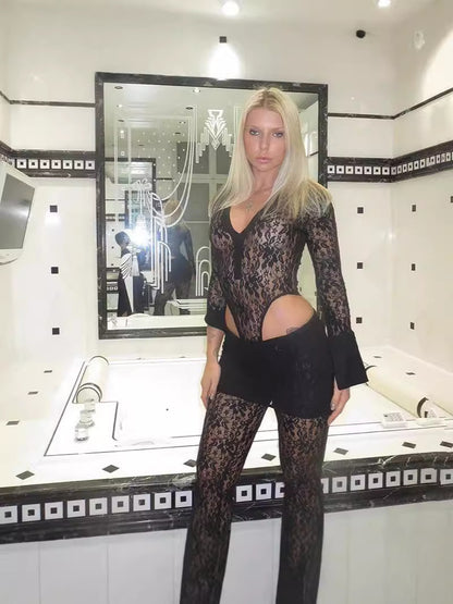 Sheer Lace Two-Piece Set with Flared Trousers and V-Neck Top