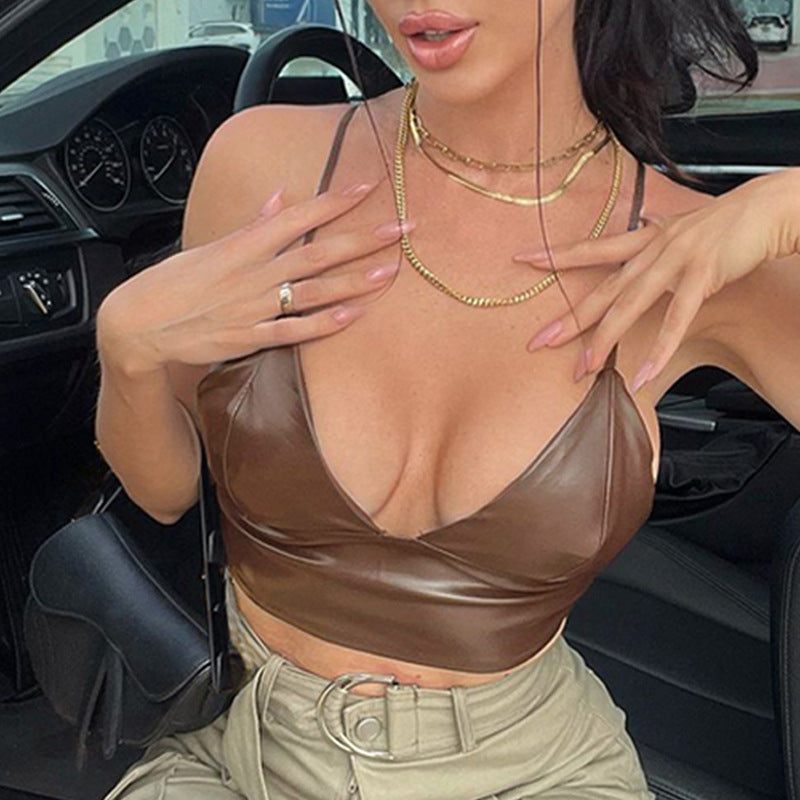 Slim PU Leather Crop Top with Deep V-Neck and Spaghetti Straps